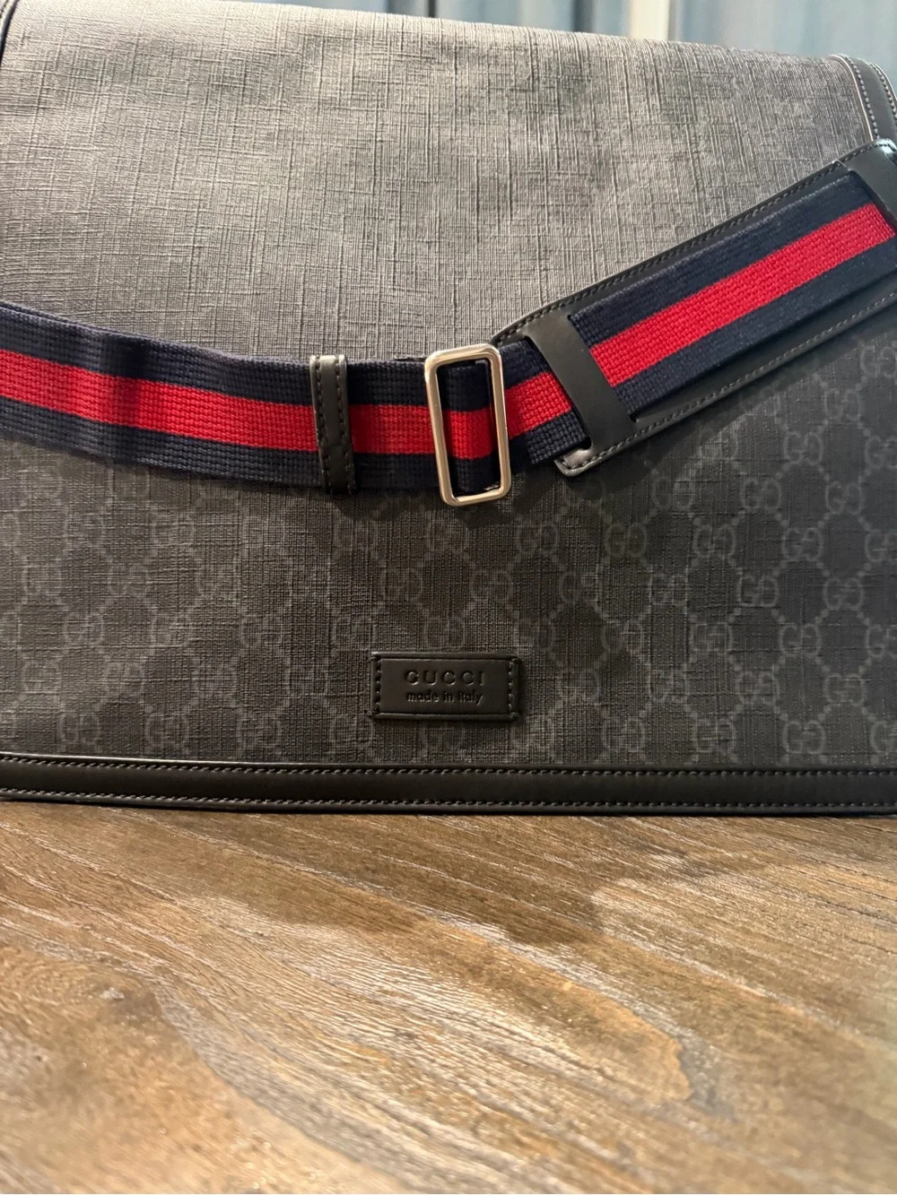Authentic Gucci Black/Gray Messenger/ Diaper Bag with Red and Blue Web Strap